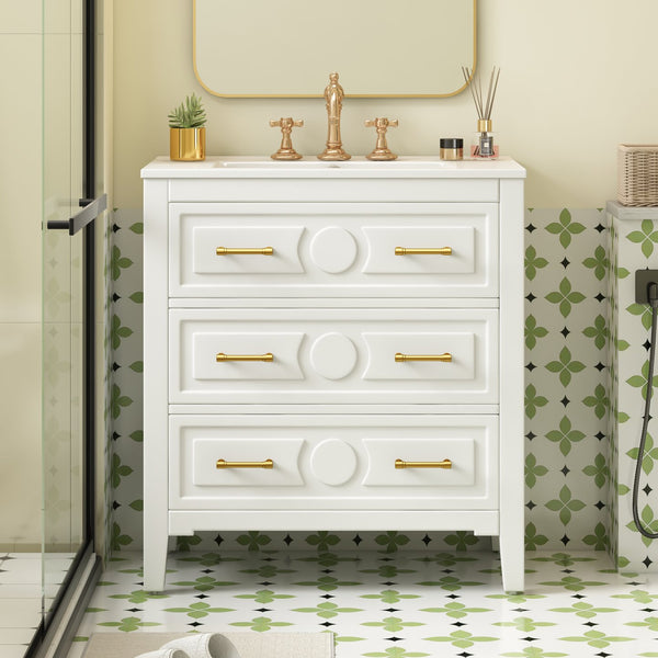 English Elm 30'' Bathroom Vanity with Ceramic Sink, Solid Wood Frame Retro Style Vanity with 3 Drawers & Gold Handles White N710P246209K