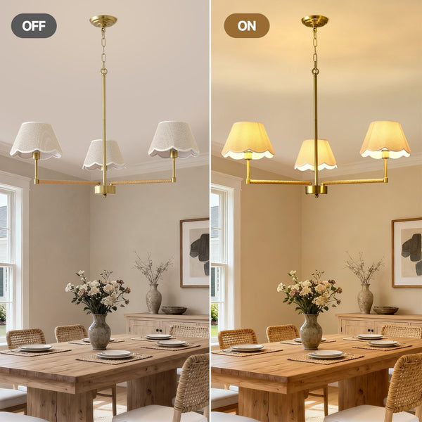 English Elm 3-light Gold Rope Wrapped Chandelier with Fabric Shades for Dining and Living Rooms W5008P391554