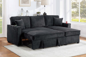 English Elm Contemporary Black Corduroy Sectional with Usb Charging Storage Chaise Sleeper Sofa B011S02176