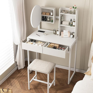 English Elm Small Bedroom Vanity Desk with Led Mirror Cushioned Stool Power Outlet and Storage White W3587P462329