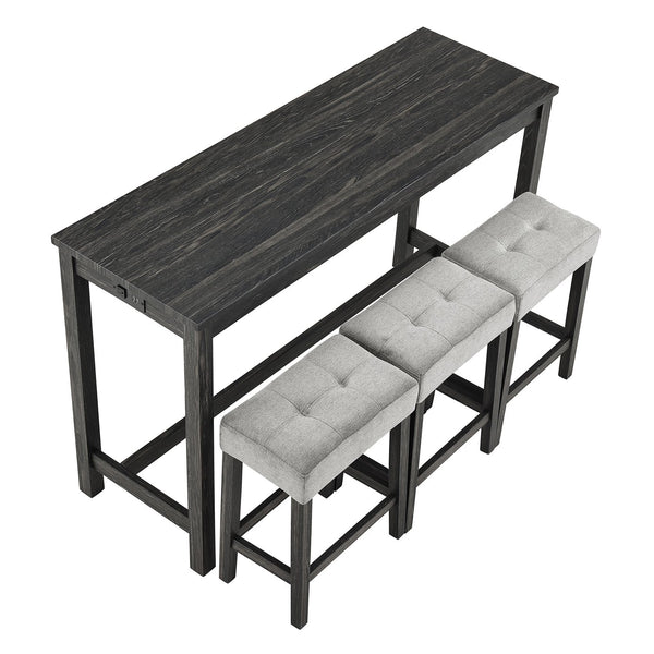 English Elm Bar Bar Table Set with Power Outlet and 4 Chairs, Industrial MDF Top, Solid Wood Seats, Durable Design Black+ Gray W487P339351