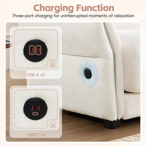 English Elm 110" Modular Sectional Sofa with Extra-Wide Chenille Seats, USB & Type-C Charging Ports, Ottoman, High-Density Foam Comfort White N723S7038K