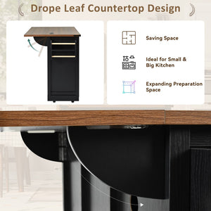 English Elm K&k Farmhouse Rolling Kitchen Island with Drop Leaf Power Outlets and Storage Cabinet Black N707S170347B