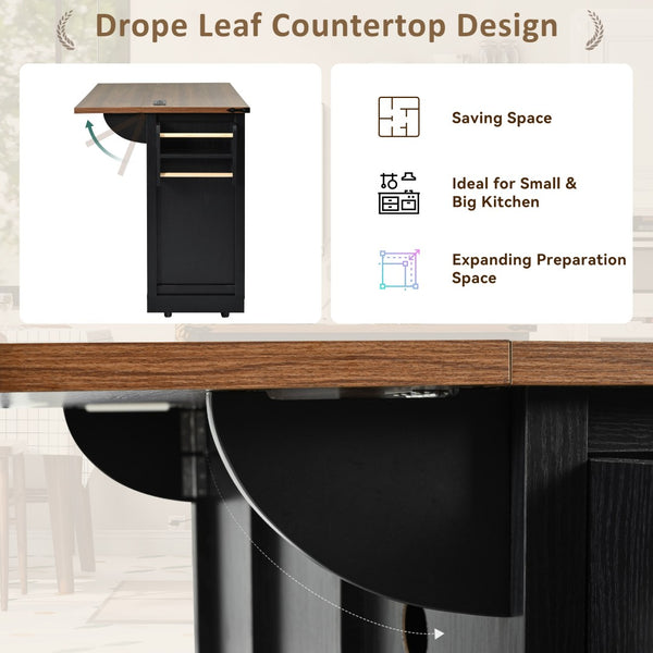 English Elm K&k Farmhouse Rolling Kitchen Island with Drop Leaf Power Outlets and Storage Cabinet Black N707S170347B