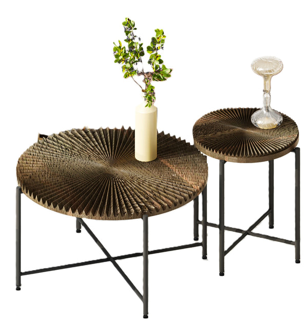 English Elm Radial Distressed 2-Piece Coffee and End Table Set with Waterproof MDF Top and Black Metal Legs Walnut Brown B2735P269988