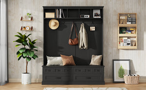 English Elm ON-TREND Elegant Wide Hall Tree with Lift-Top Storage Bench, 5 Hooks, 2 Drawers, Retro Handles, 59" W Black N721P234409B