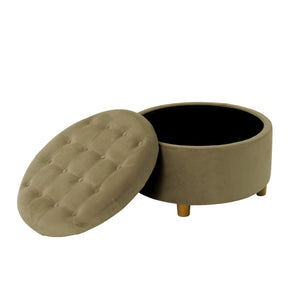 English Elm Jo Round Velvet Storage Ottoman Tufted Lift Top with Walnut Legs for Living Room Brown Multi B056P416971