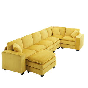 English Elm Modern U Shaped 6-Seat Sectional Sofa with Ottoman and 3 Toss Pillows, Corduroy Modular Comfort and Durable Frame Yellow W2363S00040