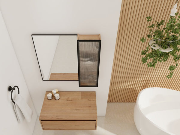English Elm 30'' Wall Mounted Mirror Cabinet Black Aluminum Acrylic Door Floating Bathroom Storage W999S00538