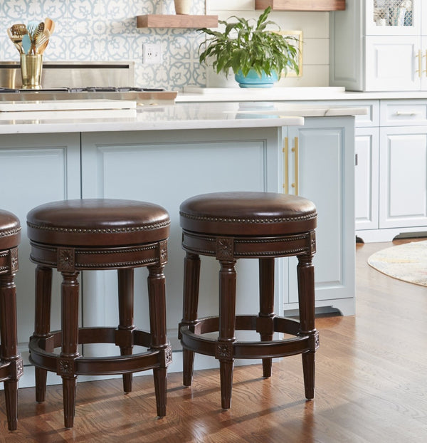 English Elm 26in. Faux Leather Swivel Barstool Nailhead Trim Carved Wood Counter Height Kitchen B2751P436436