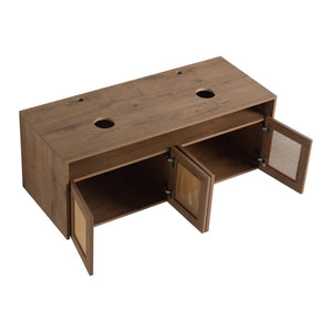 English Elm 48" Floating Bathroom Vanity Oak Finish Dual Ceramic Sinks Four Soft Close Doors W999S00494