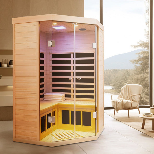 English Elm Low Emf Two Person Hemlock Far Infrared Sauna with Double Glass Doors and Bluetooth W632S00018