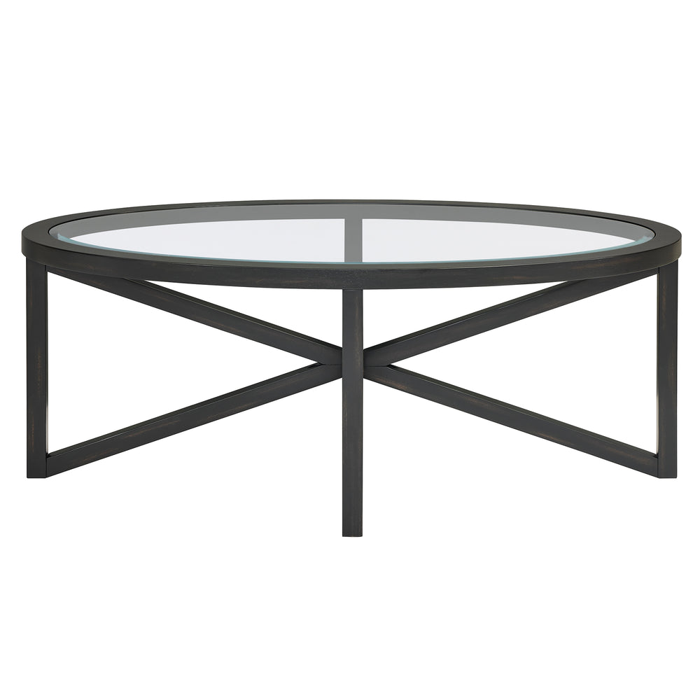 English Elm Modern Round Glass Coffee Table With Solid Wood Base – Sleek, Durable Design For Living Spaces W487P317845
