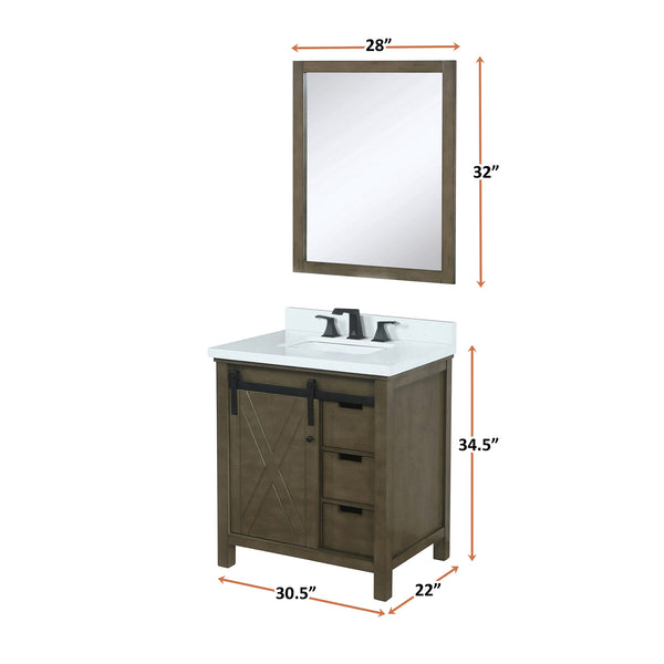 English Elm Rustic Brown Bath Vanity 30" W x 22" D with Cultured Marble Top, Matte Black Faucet, 28" Mirror B2731S01338