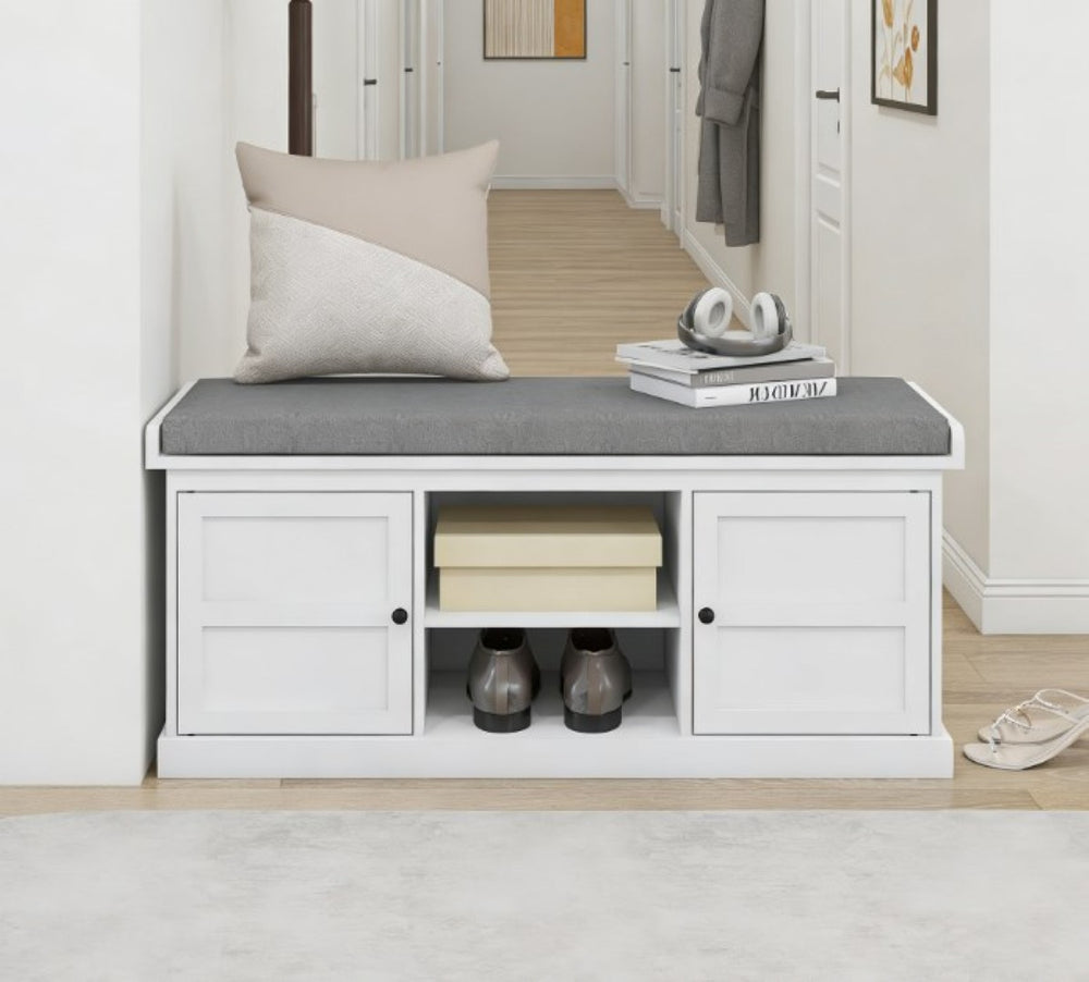 English Elm Entryway Storage Bench with Linen Cushion Enclosed Cabinets and Open Shoe Shelf T3971P430876