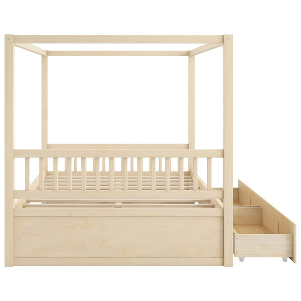 English Elm Wooden Canopy Queen Bed Solid Frame with Built-in Storage Drawers Slatted Base Natural N7090005036N