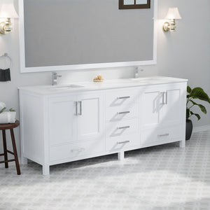 English Elm White Double Bath Vanity 80" W x 22" D with White Quartz Top, Soft-Close Storage & 30" Mirrors, Durable B2731S00839