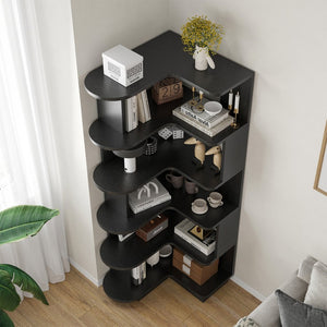 English Elm 5-tier Corner Bookcase L-shaped Freestanding Open Shelf Display for Home Office Black T3623P436781