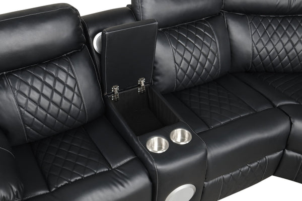 English Elm Lacrosse Power Reclining Sectional with Bluetooth Speakers, USB Ports, LED Lighting and Console Storage Black B009S01923