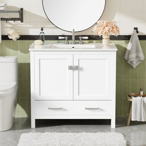 English Elm 36" White Bathroom Vanity with Ceramic Sink, Soft-Close Doors, Divided Drawer & Double Shelves for Organized Modern Bathrooms N729P276609K