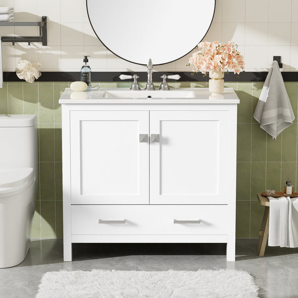 English Elm 36" White Bathroom Vanity with Ceramic Sink, Soft-Close Doors, Divided Drawer & Double Shelves for Organized Modern Bathrooms N729P276609K
