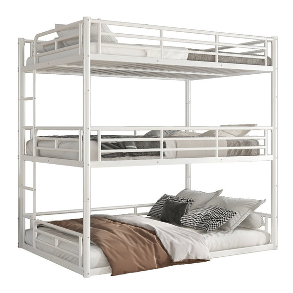 English Elm Twin Triple Metal Bunk Bed Matte Powder Coated Frame with Full Safety Guardrails Light White W1580S00581
