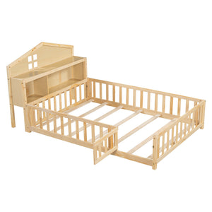 English Elm Full-size Montessori Floor Bed with Built-In Bookcase and Chalkboard, Space-Saving Solid Wood Platform for Kids Natural 56.3 L x 17.32 W x 5.31 H W1716S00014