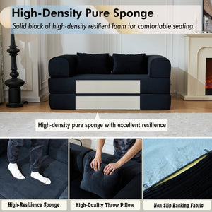 English Elm 59'' Corduroy Floor Sofa Convertible Sleeper with Bolster Pillow for Studio Living Black W3434P449858