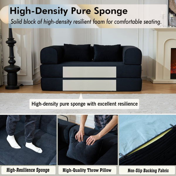 English Elm 59'' Corduroy Floor Sofa Convertible Sleeper with Bolster Pillow for Studio Living Black W3434P449858