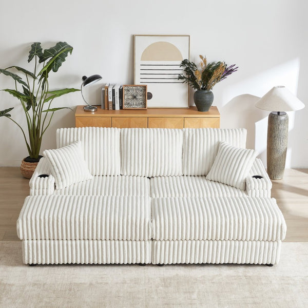 English Elm 84inch Corduroy Deep Seat Three Person Sofa with Storage Ottomans for Living Room Beige W834S00565