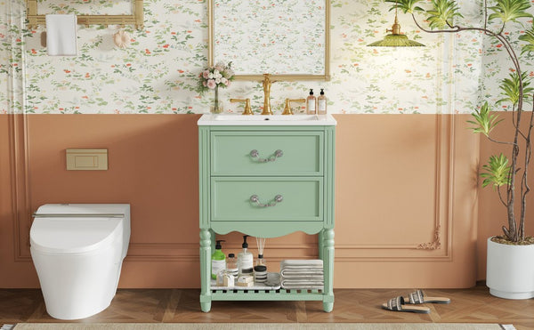 English Elm 24'' Vintage Bathroom Vanity with Ceramic Sink Soft Close Drawers Open Shelf Green N710P411237F