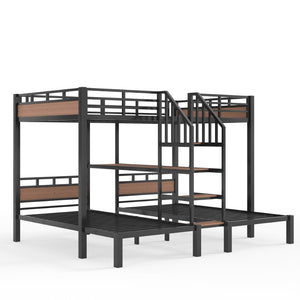 English Elm Full Xl Over Twin Triple Metal Bunk Bed with Storage Stairs and Shelves Black W1580S00546