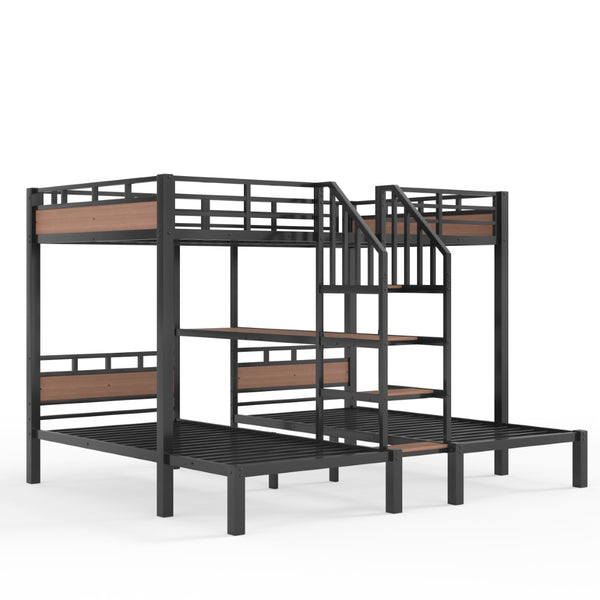 English Elm Full Xl Over Twin Triple Metal Bunk Bed with Storage Stairs and Shelves Black W1580S00546