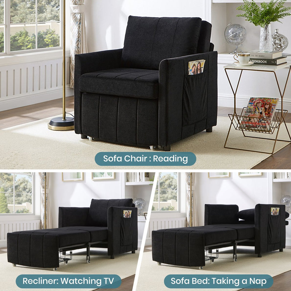 English Elm Upholstered Convertible Sleeper Sofa with 5-Position Recline, Pull-Out Bed, Deep Seat & Storage Pockets Black N719P272689B