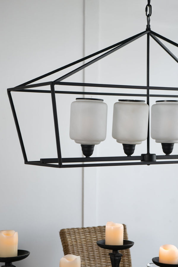 English Elm 41.7x14.2x23.8" Matte Black Iron Chandelier White Glass Panels Industrial Dining Foyer W2078P411229