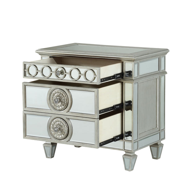 English Elm Glam Mirrored Nightstand with 2 Drawers and Crystal Knobs, Tapered Legs and Geometric Accents — Elegant Bedroom Storage Clear 22 L x 35 W x 29 H B2741P324362