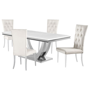 English Elm Kerwin Cream White Faux Marble Dining Set with Velvet Tufted Chairs & Chrome U-Pedestal Base, 5pc B062S01199