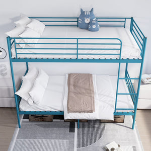 English Elm Bunk Bed Twin Over Iron Frame with Full Guardrail Ladder and Under Storage Blue W3752P412404