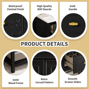 English Elm 30'' Bathroom Vanity with Ceramic Sink, Solid Wood Frame Freestanding Cabinet with 5 Drawers, Gold Knobs and Smooth Slide Rails Black N710P247488B