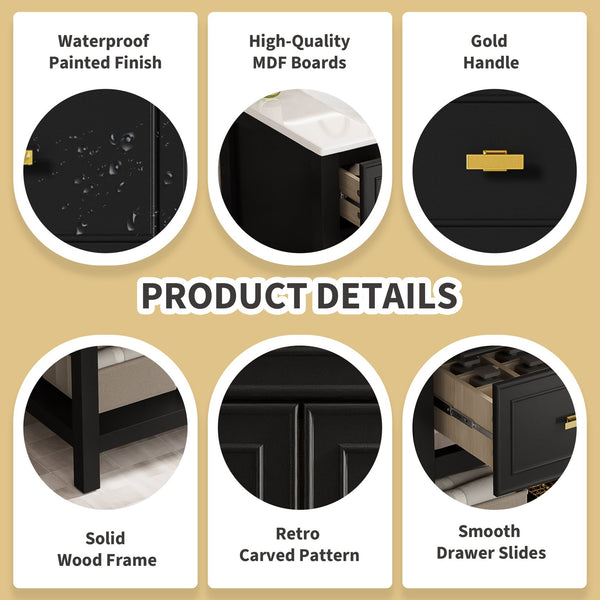 English Elm 30'' Bathroom Vanity with Ceramic Sink, Solid Wood Frame Freestanding Cabinet with 5 Drawers, Gold Knobs and Smooth Slide Rails Black N710P247488B