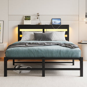 English Elm Full Metal Bed Frame with Wooden Headboard, USB Charging, RGB App Lighting, Large Under-Bed Storage Black W840P209906