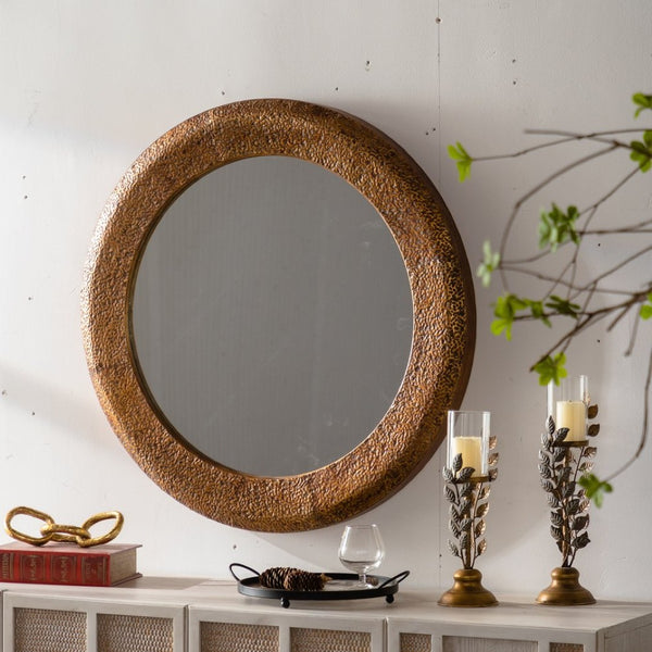 English Elm 31.3" Gold Iron Round Mirror Ribbed Texture Rivets Bohemian Accent for Bedroom W3158P407138