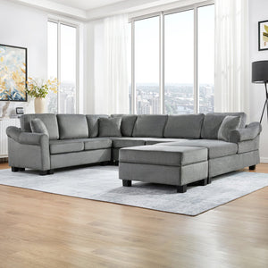 English Elm Sectional Plush chenille U-shaped sofa with pleated arms, pocket-spring seats & hidden ottoman storage Dark Gray N719S000810R