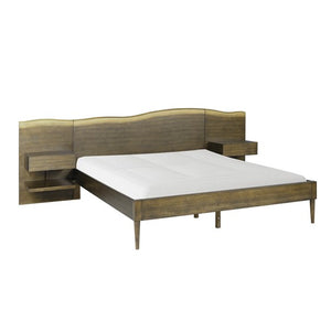 English Elm Platform Queen Bed with Live-Edge Headboard, Built-In Nightstands & Drawers, Dark Coffee Finish 600lb Capacity B035S00059
