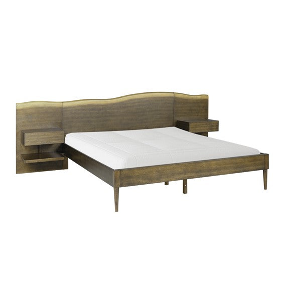 English Elm Platform Queen Bed with Live-Edge Headboard, Built-In Nightstands & Drawers, Dark Coffee Finish 600lb Capacity B035S00059