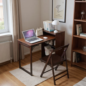 English Elm Bamboo Folding Desk with Hidden Storage & Built-In Socket, Mid-Century Compact Workstation for Small Spaces W2641P365763
