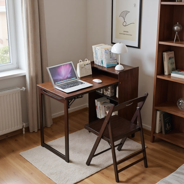 English Elm Bamboo Folding Desk with Hidden Storage & Built-In Socket, Mid-Century Compact Workstation for Small Spaces W2641P365763