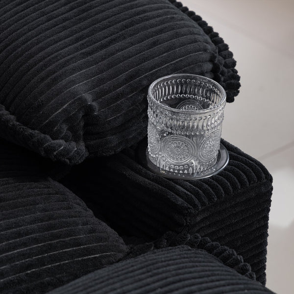 English Elm 113" Modern 3+1 L-Shaped Corduroy Sofa with Double-Layer Cushions, Cup Holders & Storage Bags Black W2715S00006