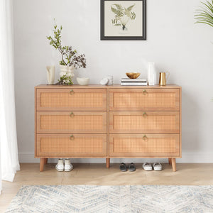 English Elm Rattan 6-Drawer Double Dresser with Handwoven PE Rattan Fronts, Wood Top, Copper Pulls, Spacious Storage Natural T3623P411337