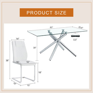 English Elm Table Modern Luxurious Transparent Glass Dining Set With 6 White Pu Chairs & Silver Metal Legs W1151S04126-GIGA